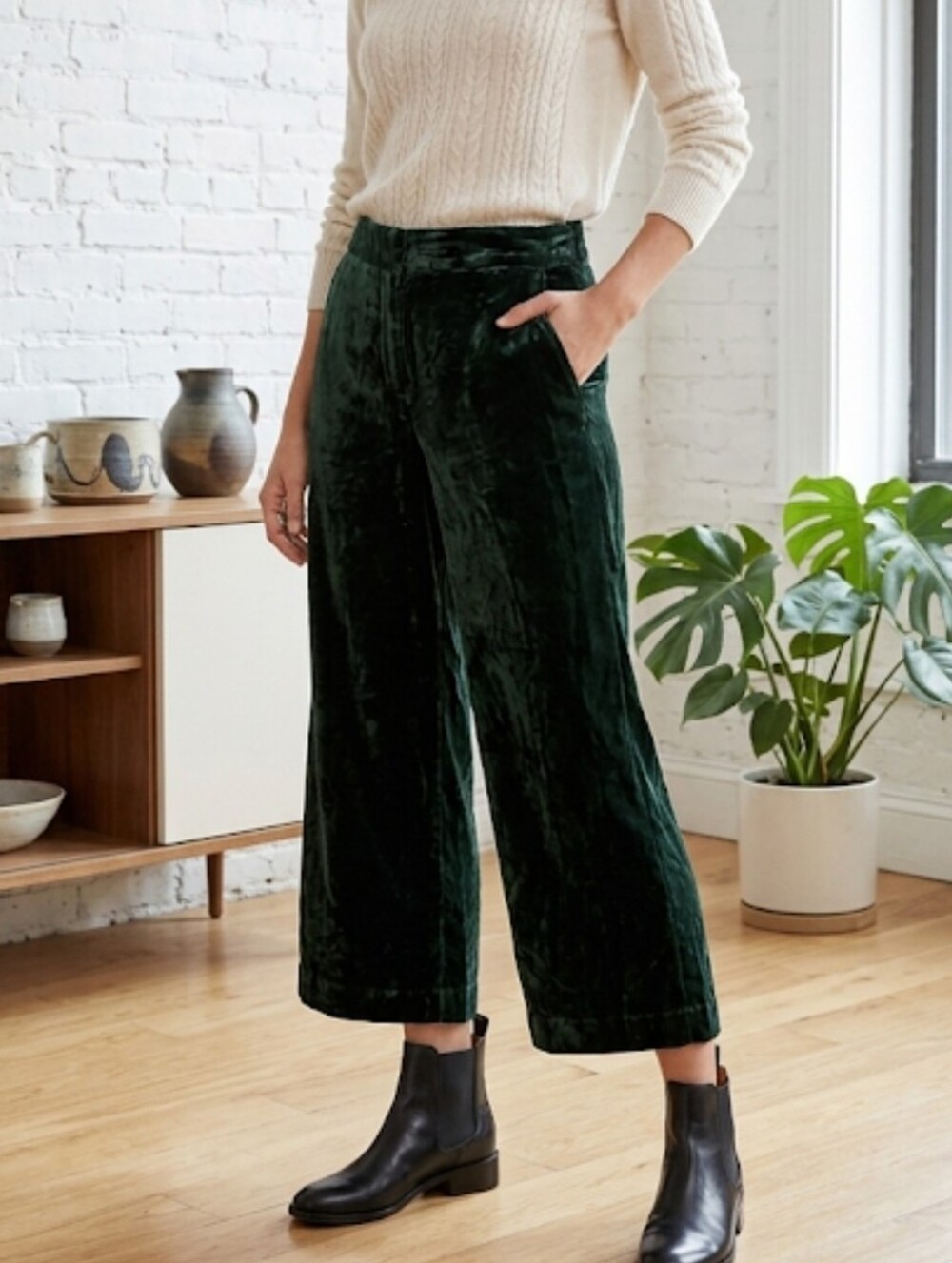 Madewell Women Velvet Wide-Leg Pants Dark Green Crop Sz M